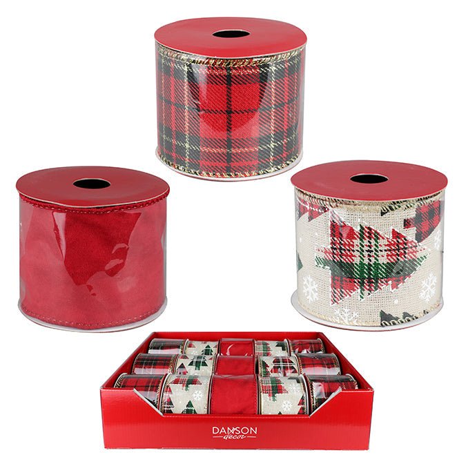 Fabric Ribbon with Wire Edge – 6.35cm x 274cm (3 Assorted Designs) red ...