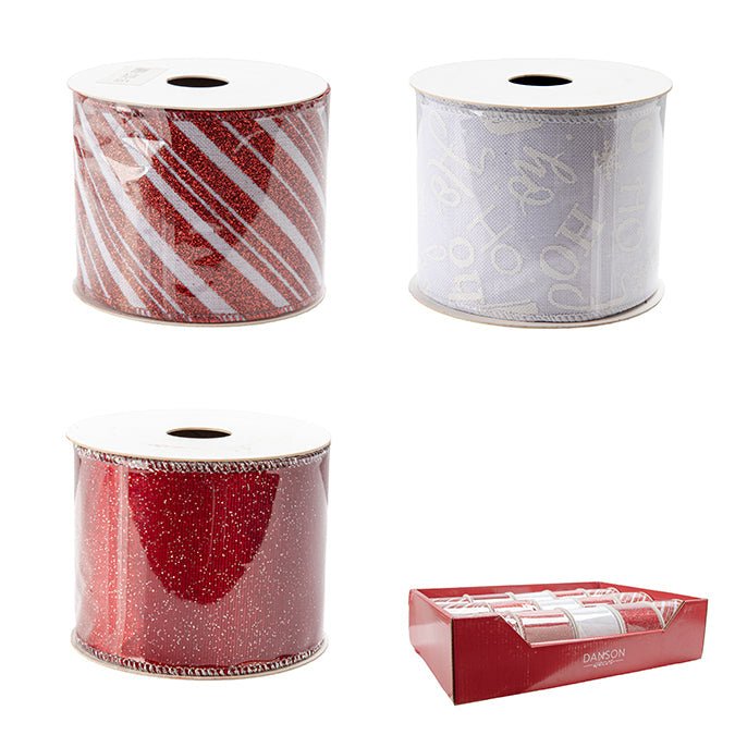 Fabric Ribbon with Wire Edge – 6.35cm x 274cm (3 Assorted Designs) Red ...