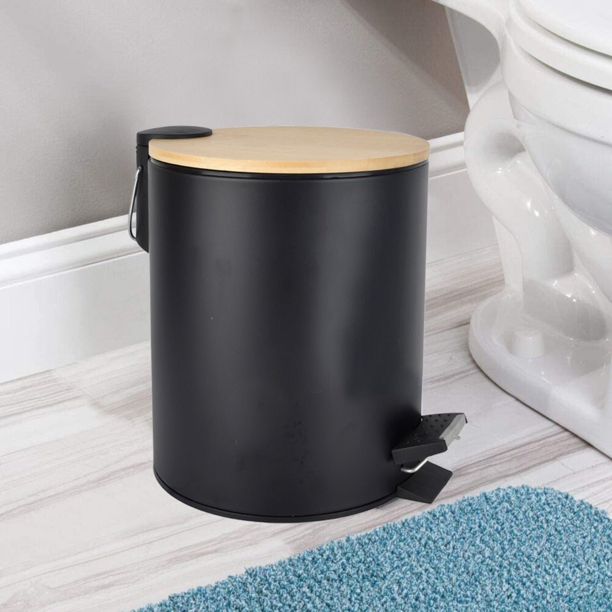Poubelle Salle De Bain Hibath 5 Litres Acier Inoxydable & Couvercle Bambou - Système Soft Close