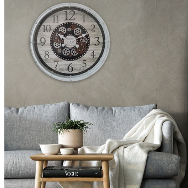 Horloge murale vintage surdimensionnée avec engrenages | 30'' aspect bois blanc