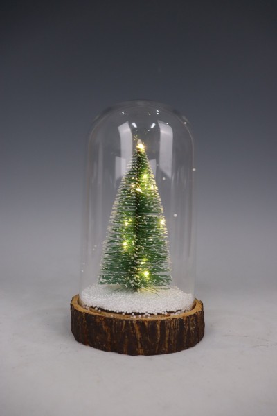 Xmas Dôme En Verre De Sapin De Noël Avec Base Aspect Bois-éclairé-asst