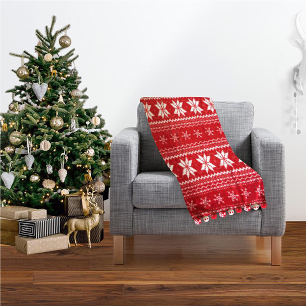 Xmas Throw 50x60 With Pom Poms Print Microfleece
