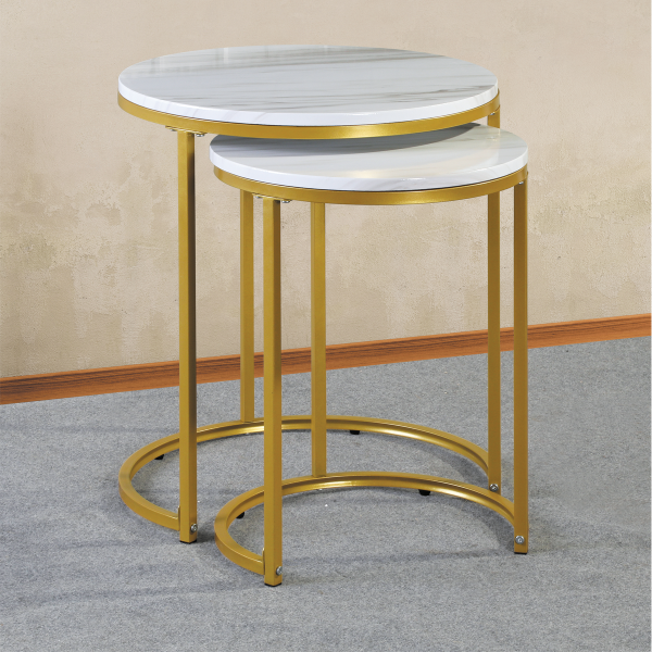 Ensemble de 2 tables basses rondes cadre de couleur blanc/or