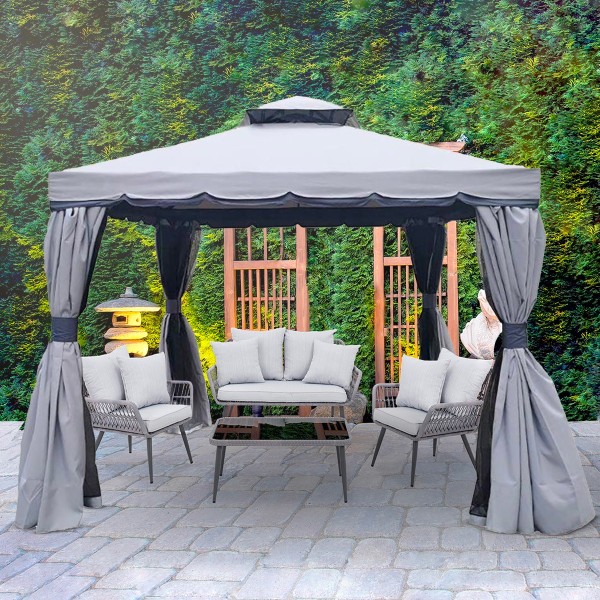 Gazebo avec moustiquaire et rideaux | 10 x 10 pi - Gris
