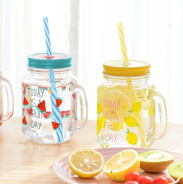 Fruit Printed Mason Jar with Straw
