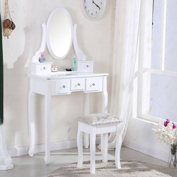 Makeup Vanity Table Set with Oval Mirror and Cushioned Stool - Magasins Hart | Hart Stores