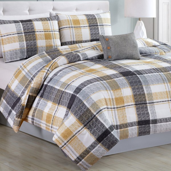 Esterel - 4 Piece Grey Plaid with Yellow Accents Comforter Set - Magasins Hart | Hart Stores
