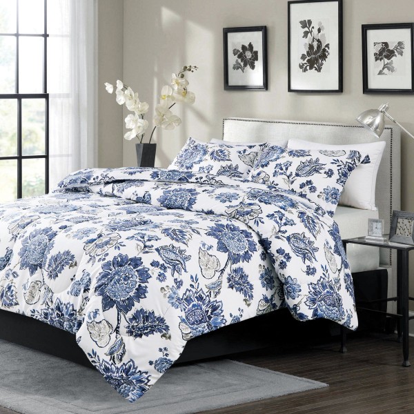 Alyssa - 3 Piece Large Blue Floral Comforter Set - Magasins Hart | Hart Stores