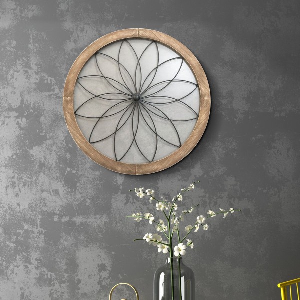 Art mural - Suspension florale ronde en bois et métal
