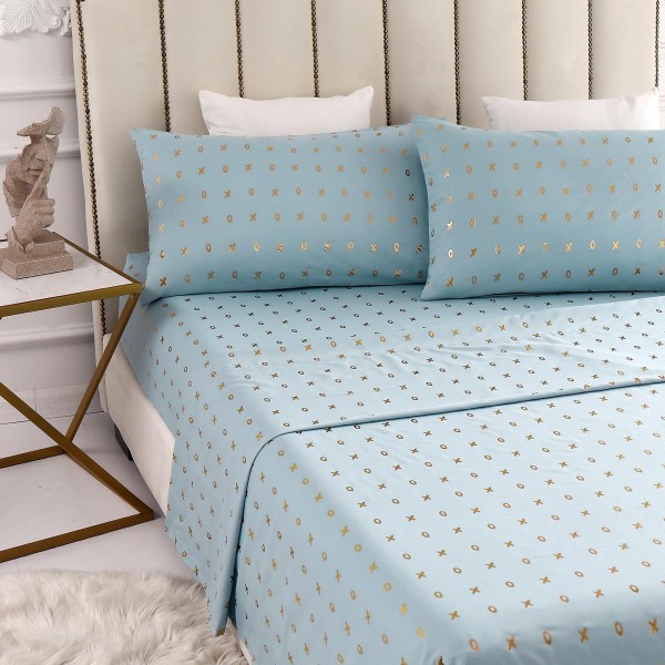 Lauren Taylor - Metallic Printed Sheet Set | Blue - Gold Hugs & Kisses - Magasins Hart | Hart Stores