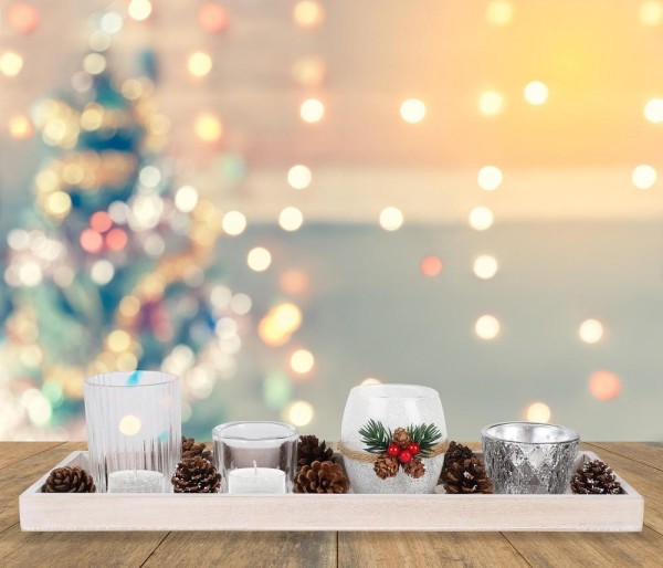Candle Holder White Wash Wood Tray With Cones - Magasins Hart | Hart Stores