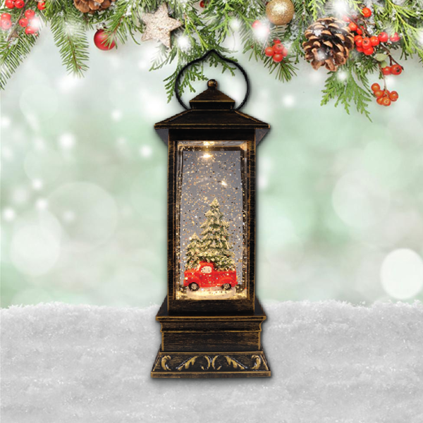 Xmas Glitter Lantern Red Truck & Tree 10.5x10.5x28 Classic