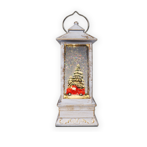 Xmas Glitter Lantern Red Truck & Tree 10.5x10.5x28 White