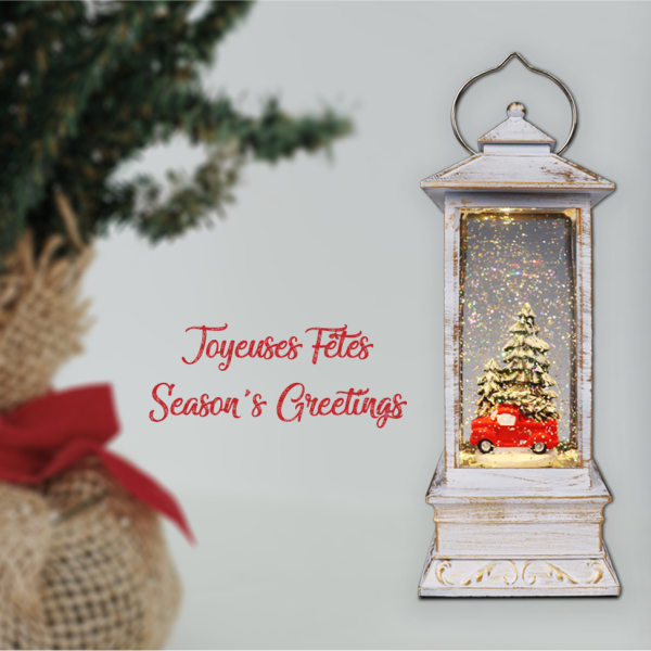 Xmas Glitter Lantern Red Truck & Tree 10.5x10.5x28 White