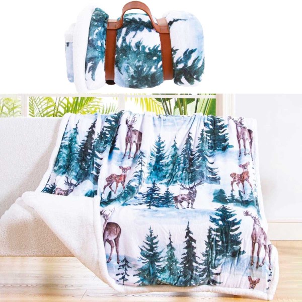 THROW 50X60 WILDLIFE FLEECE W/PO STRAPS WHITE