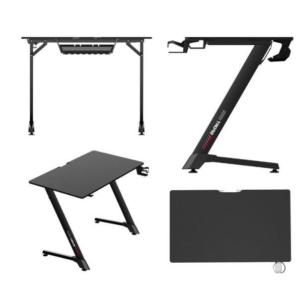 Table de jeu pour ordinateur, pieds en forme de Z, noir avec crochet pour casque