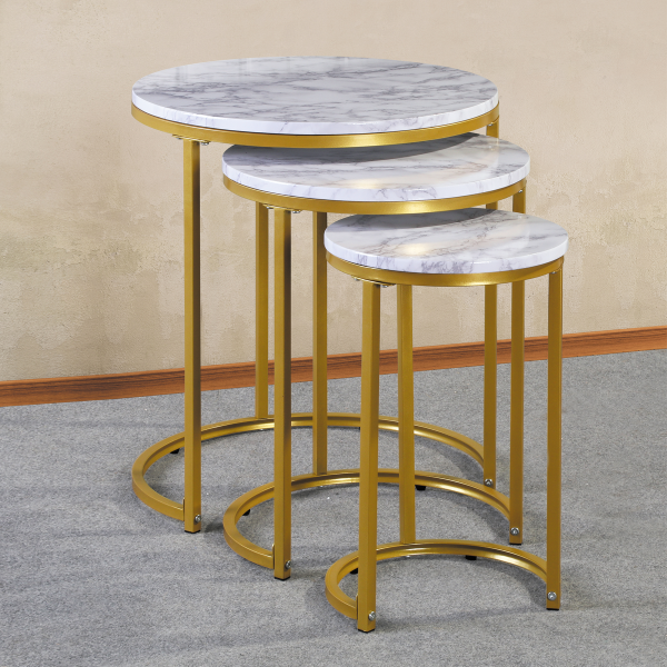 Ensemble de 3 tables basses rondes cadre de couleur blanc/or
