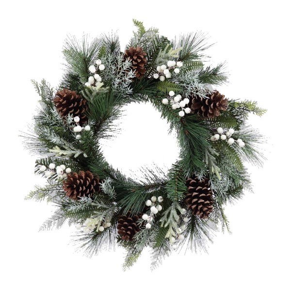 Couronne de pin mixte de 61 cm avec clochettes métalliques, baies et pommes de pin