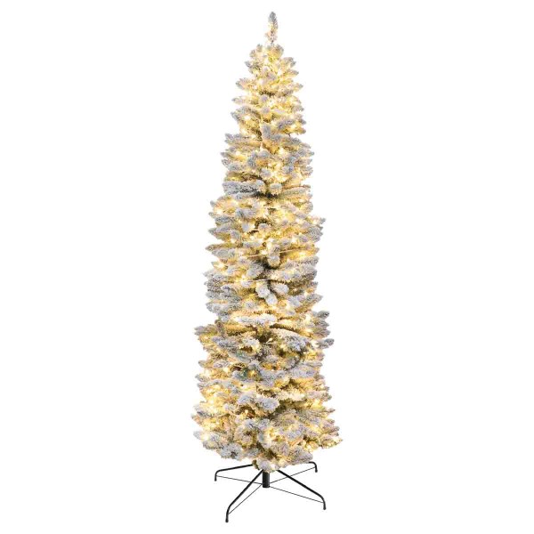 2.1m Prelit Flocked Pine Slim Tree 200 Warm White 5mm Led Light