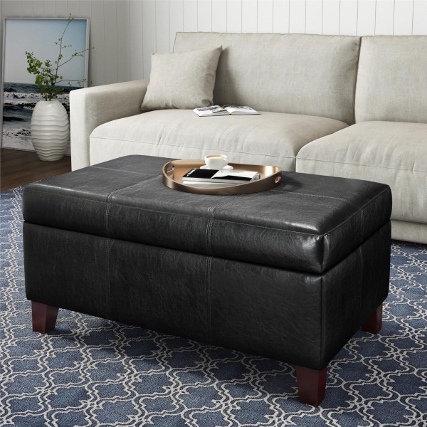 Faux Black Leather Upholstered Storage Ottoman