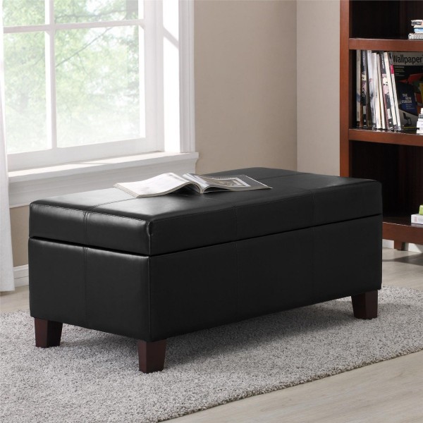 Faux Black Leather Upholstered Storage Ottoman