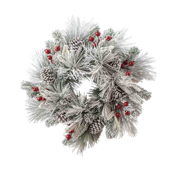 61CM FLOCKED MIXED PINE WREATH W/BERRIES & PINECONES