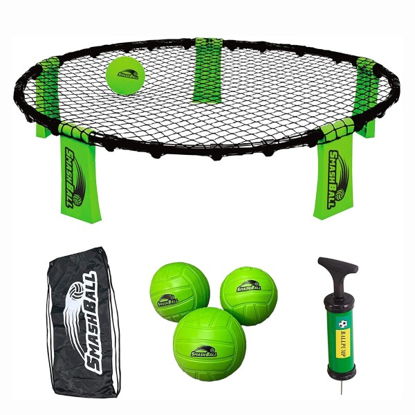 SmashBall Kit de tournoi complet avec 3 balles, règles, filet rond, étui de transport avec cordon de serrage et pompe à ballon