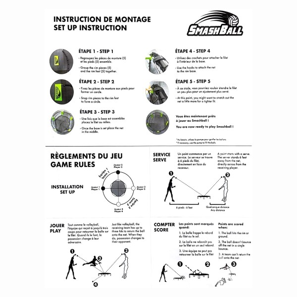 SmashBall Kit de tournoi complet avec 3 balles, règles, filet rond, étui de transport avec cordon de serrage et pompe à ballon