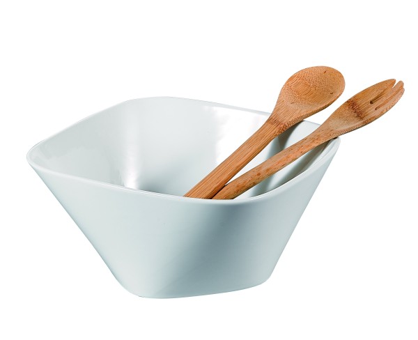 Saladier en porcelaine avec ustensiles de service en bambou