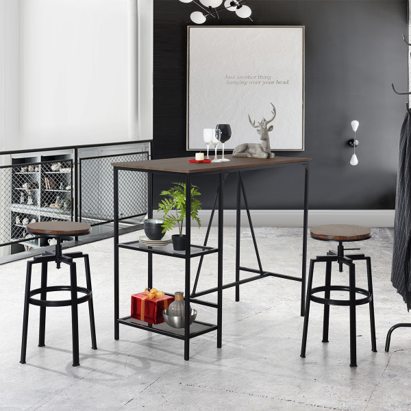 Amat | Metal Framed Height Adjustable Round Bar Stool - Walnut