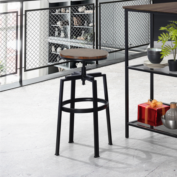 Amat | Metal Framed Height Adjustable Round Bar Stool - Walnut