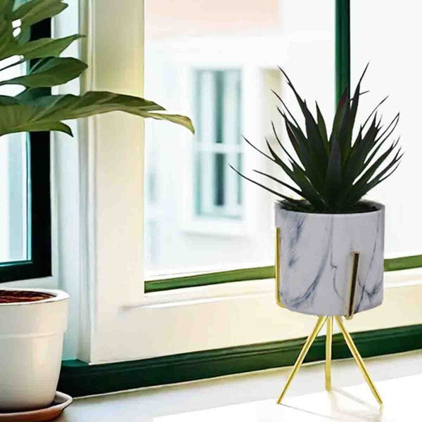 Plante Succulente Artificielle en Marbre Blanc Pot en Céramique avec Support en Métal doré