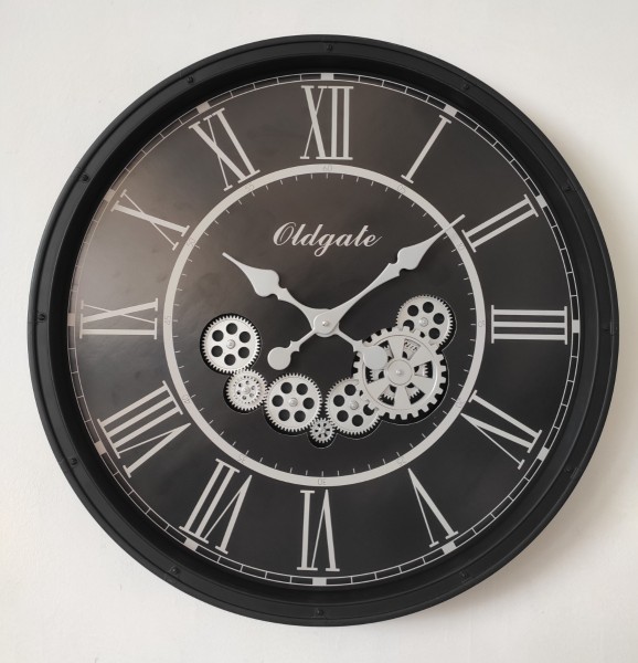 Horloge murale vintage surdimensionnée à chiffres romains avec engrenages | 30'' noir