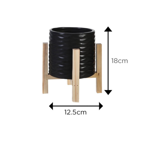 Planter Textured Ceramic Wood Stand 12.5x12.5x18