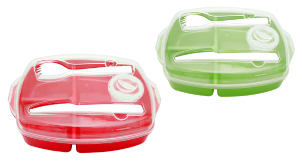 Compartemented lunch box with cutlery and dressing cup