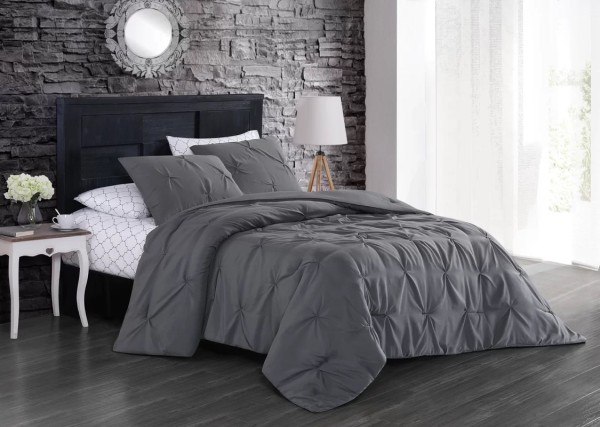 Cotton Ruched Comforter Set 3 Pc Queen Grey