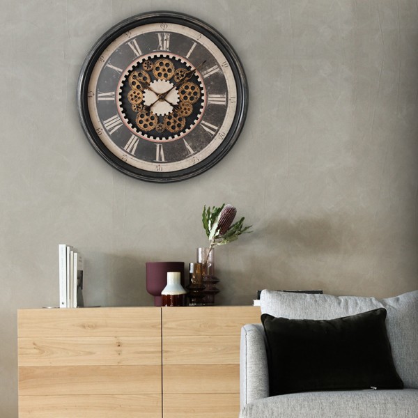 Horloge murale vintage surdimensionnée à chiffres romains avec engrenages | 23'' noir