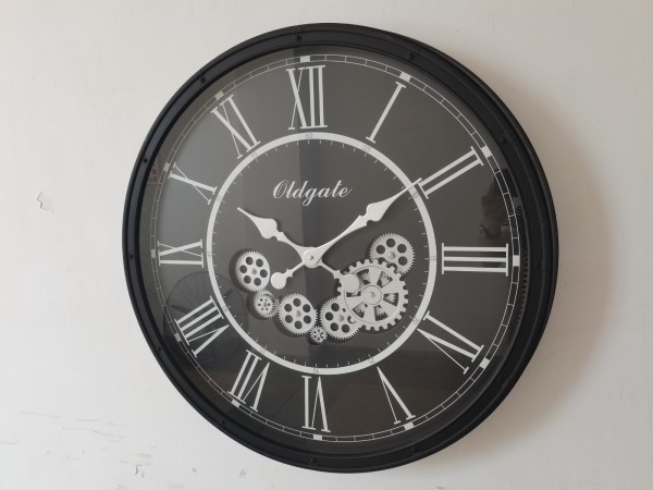 Horloge murale vintage surdimensionnée à chiffres romains avec engrenages | 30'' noir