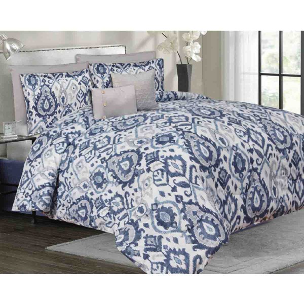COMFORTER SET 8 PC KING BLUE ARABESQUE MICROFIBER