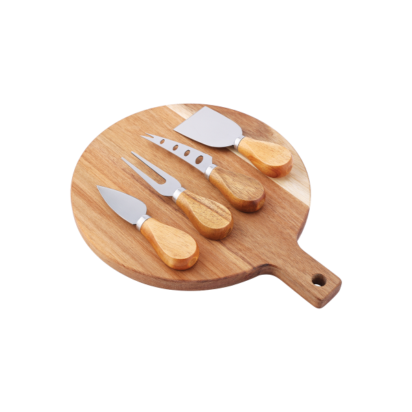 Planche à découper ronde en bois d'acacia avec manche et couteaux