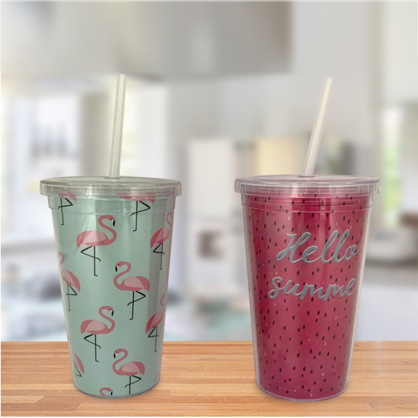ADRIEN LEWIS - 16 Oz Double Wall W/ Straw Flamingo Summer