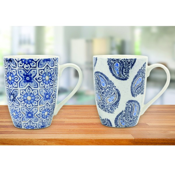 New Bone Mug 11oz Blue Tiles Asst Decals