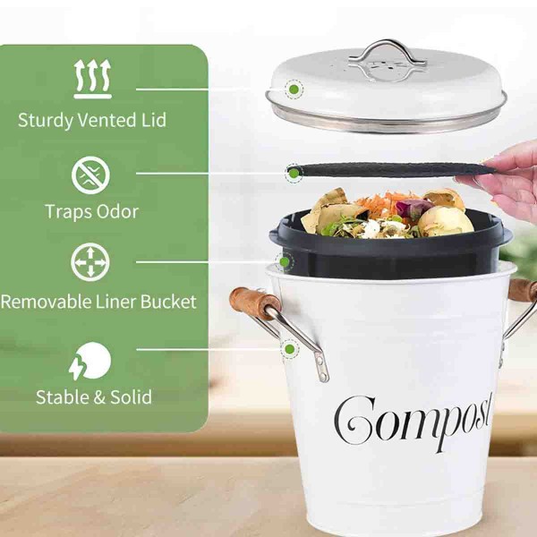 A LA CUISINE - Bac à compost en métal blanc avec poignée en bois