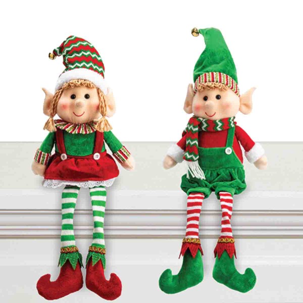 FABRIC SITTING BOY/GIRL ELF W/DANGLING LEGS 2 ASST.