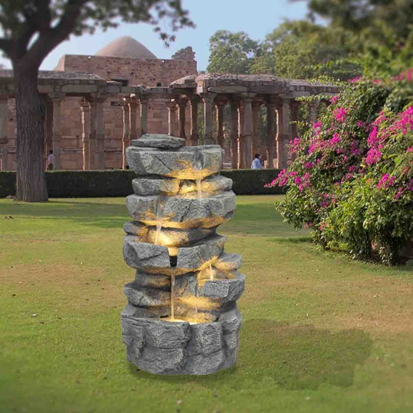 Fontaine de roche à multi-niveaux en polyrésine avec lumière DEL (42 x 38 x 70 cm)