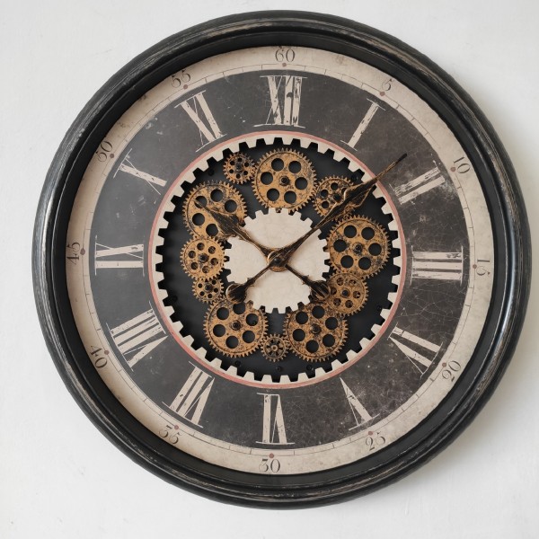 Horloge murale vintage surdimensionnée à chiffres romains avec engrenages | 23'' noir