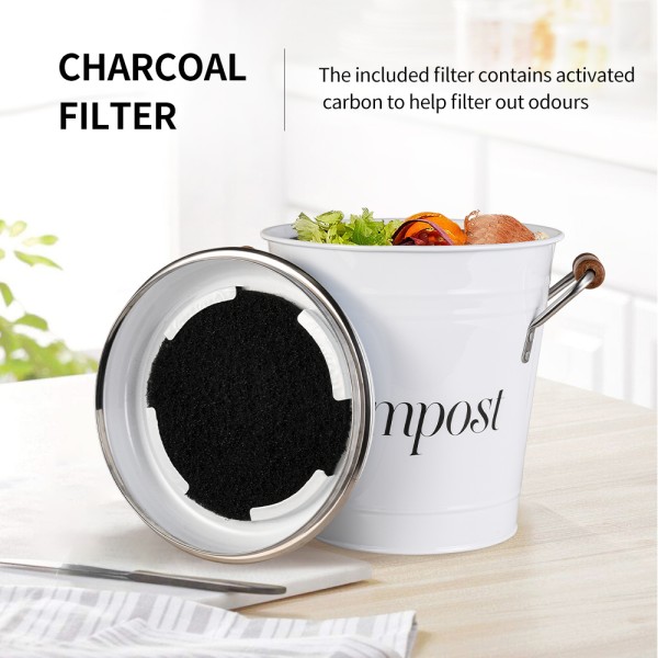 A LA CUISINE - Bac à compost en métal blanc avec poignée en bois