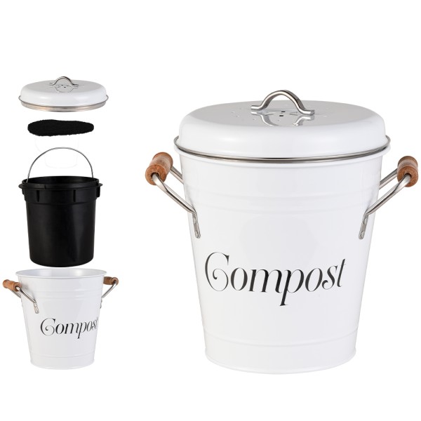 A LA CUISINE - Bac à compost en métal blanc avec poignée en bois