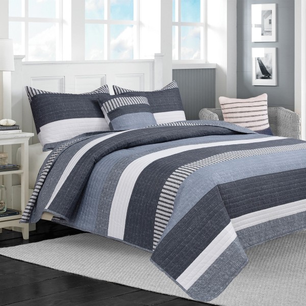 Gibson- Quilt Set 3pc Blue Stripe