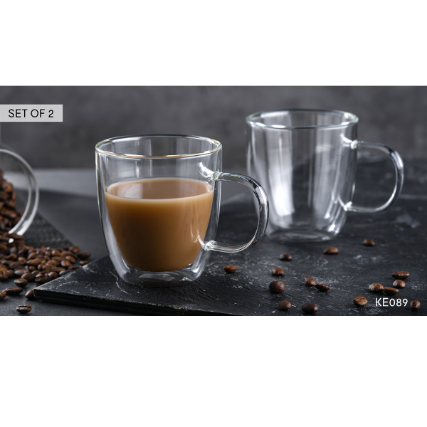 Borosilicate Double Wall Glass Cup 2 Pcs Set Transparent